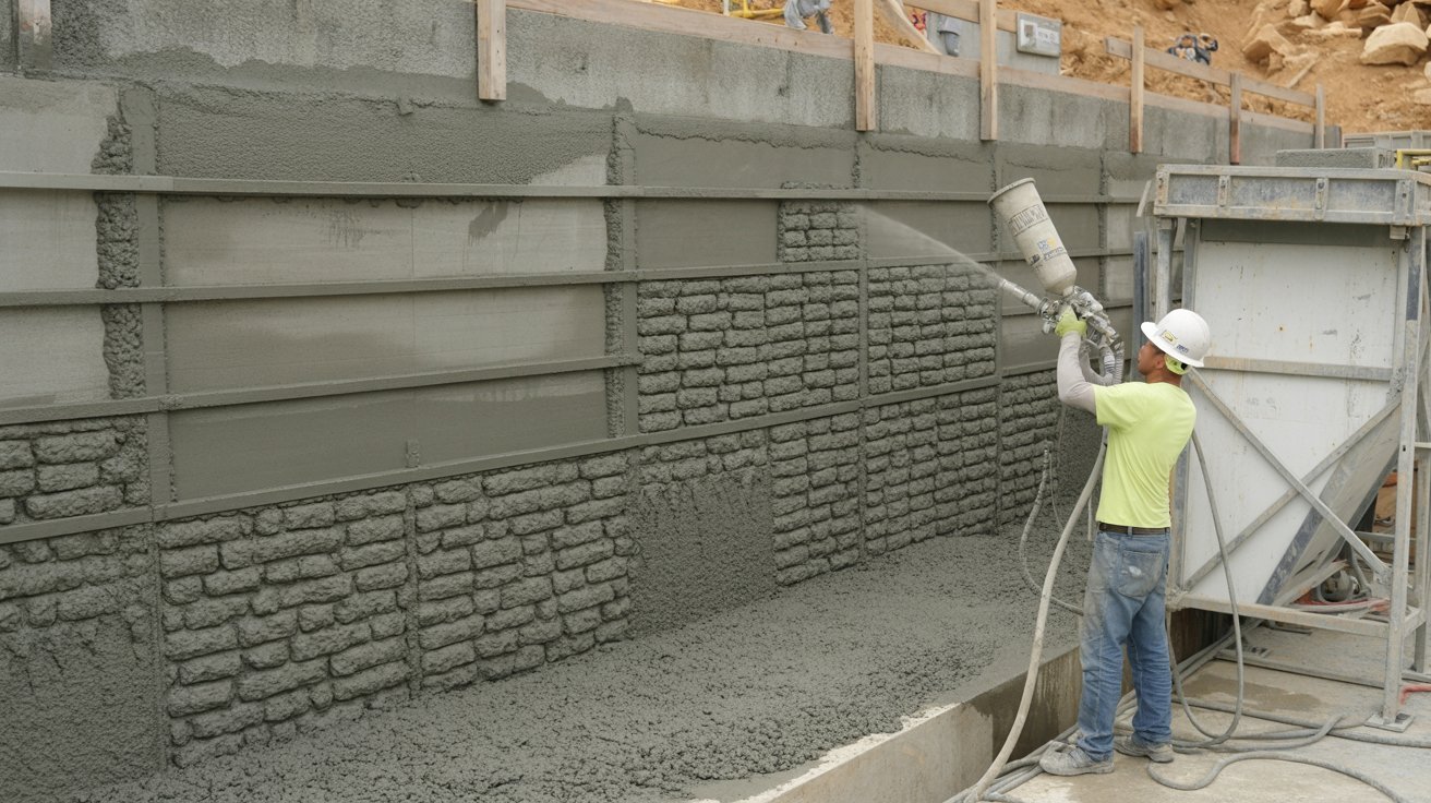 Additional layers of shotcrete being applied on a wall surface.