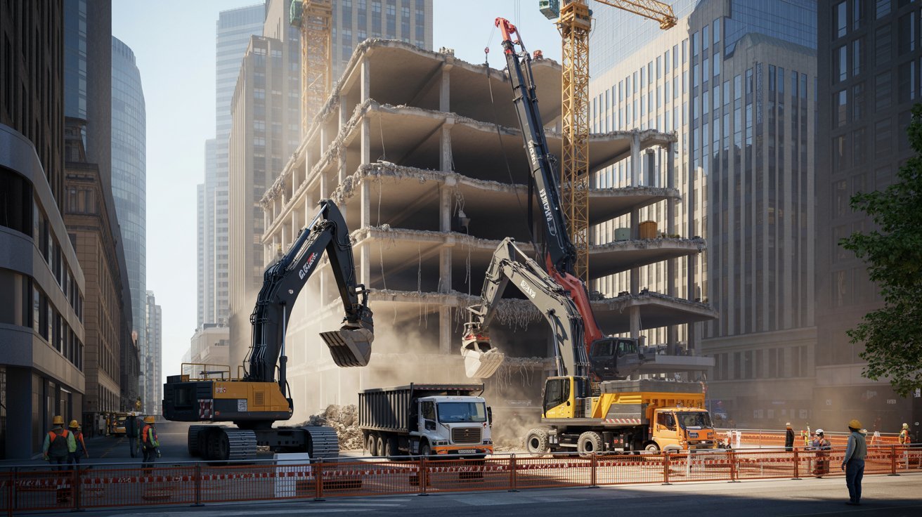 Commercial demolition project in an urban construction area.