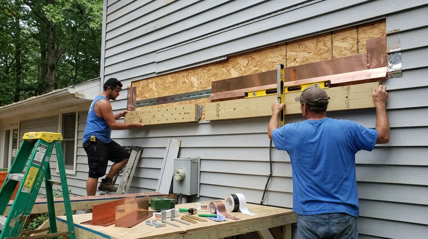 Attaching ledger board to house wall with lag bolts and waterproof flashing.
