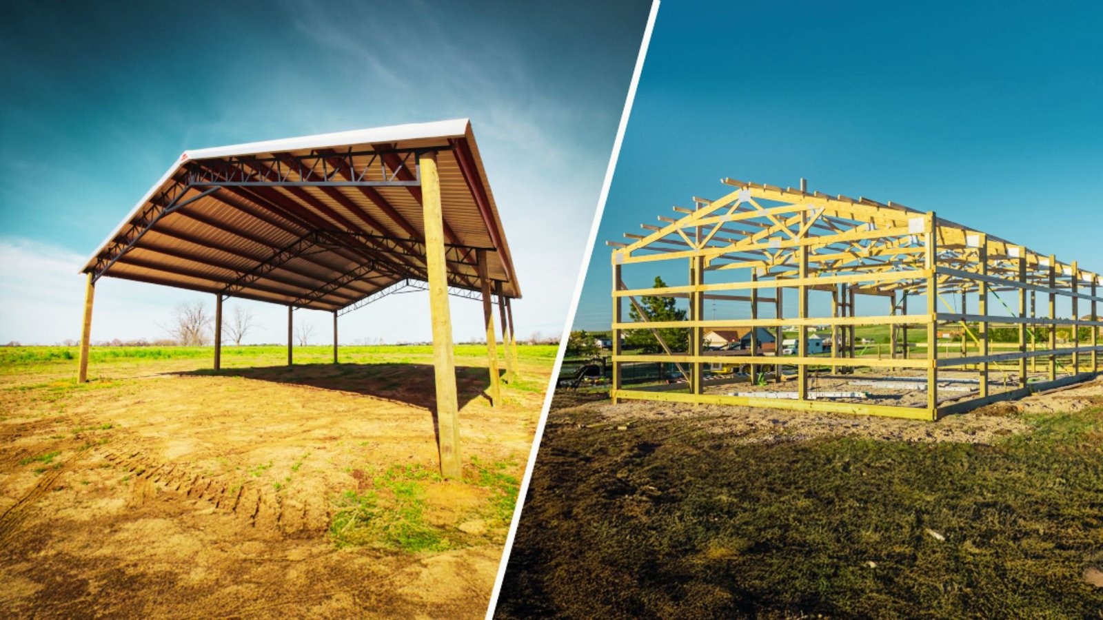 Side-by-side comparison of a post-frame building with large support posts and metal roofing beside a stick-frame wooden structure under construction on a clear sunny day.