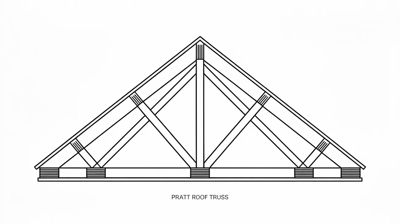Pratt roof truss diagram with vertical and diagonal members for long-span efficiency