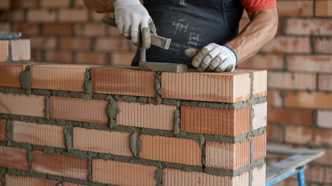 Brick masonry load bearing wall being constructed with mortar and aligned brick courses.
