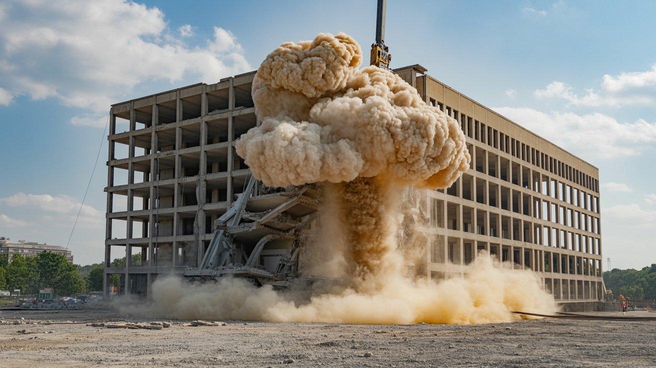 Explosive demolition bringing down a building through controlled implosion.