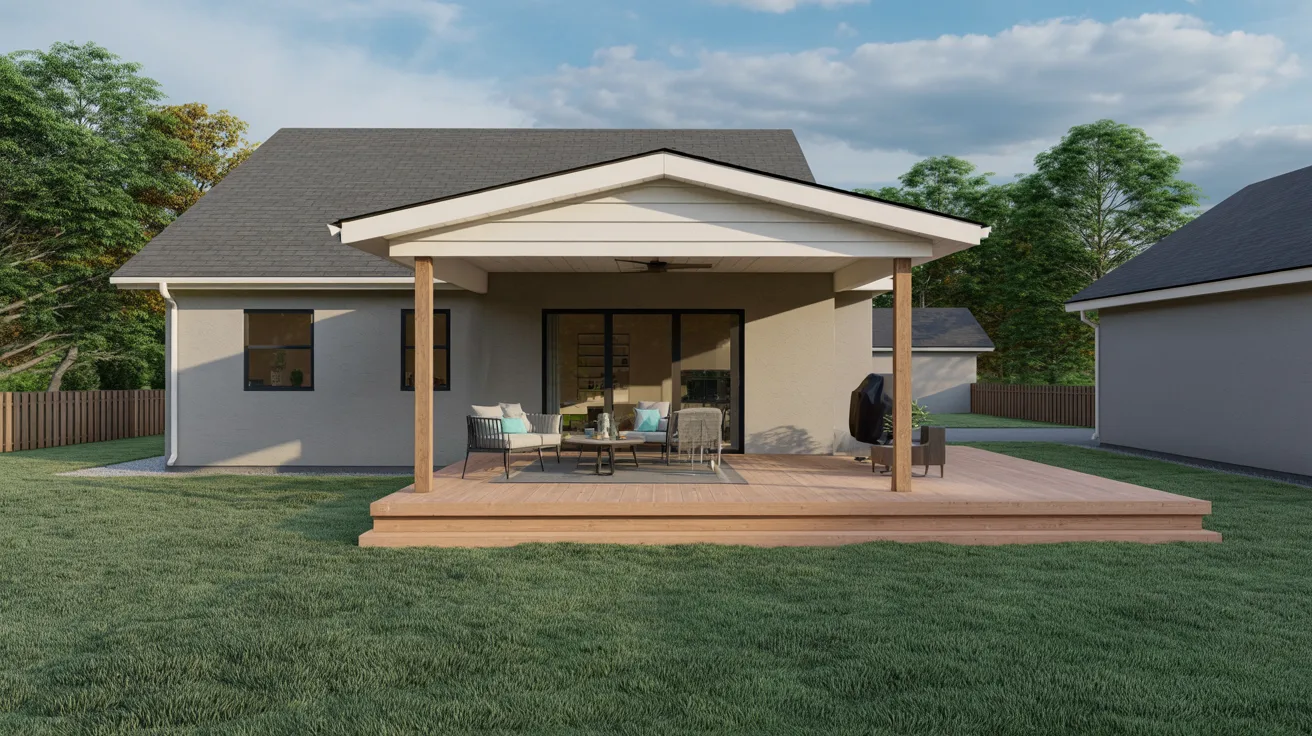A deck attached to a house featuring a simple shed-style roof design.