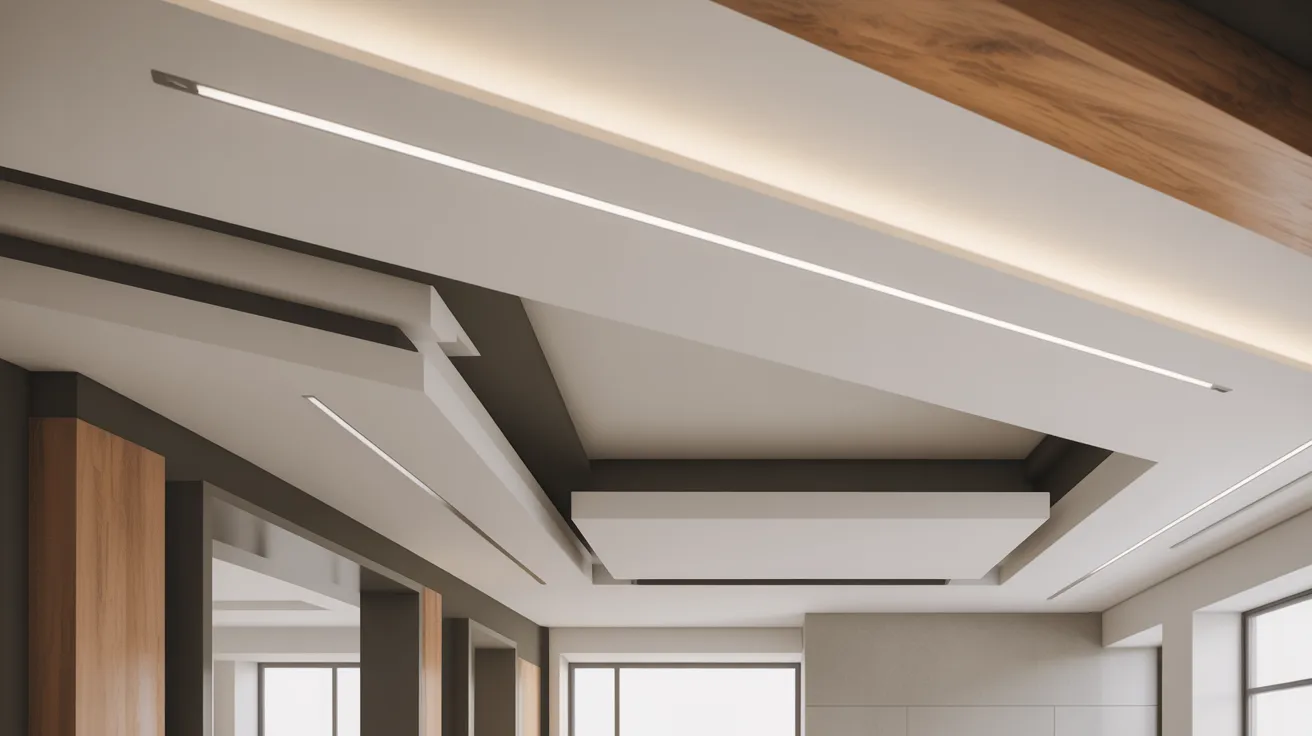 Modern ceiling bulkhead design with recessed linear lighting and layered architectural details in a contemporary interior space.