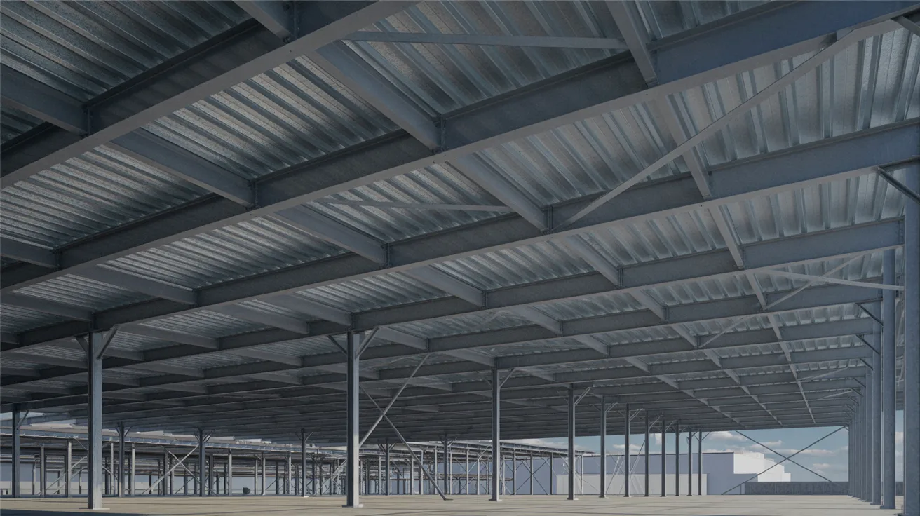 Steel purlins supporting roof loads in a warehouse structure
