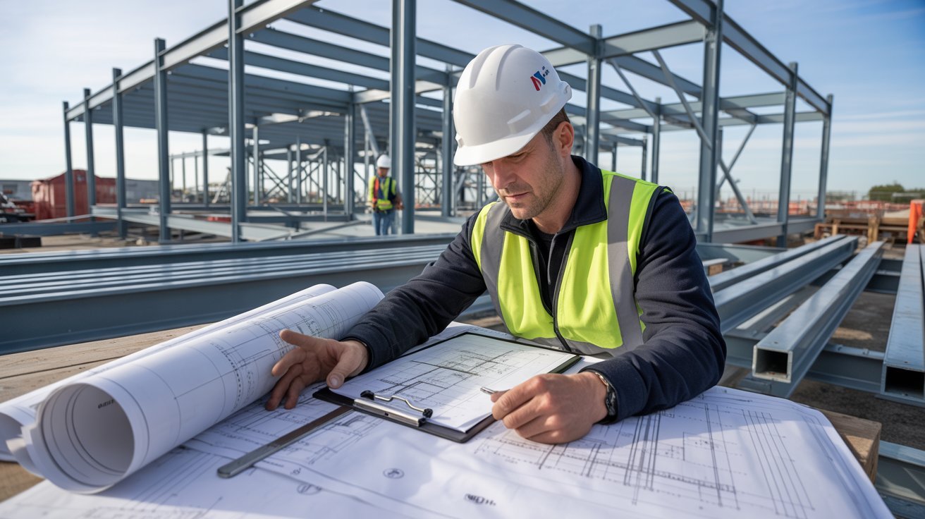 Structural engineer reviewing steel beam cut sheets on site.