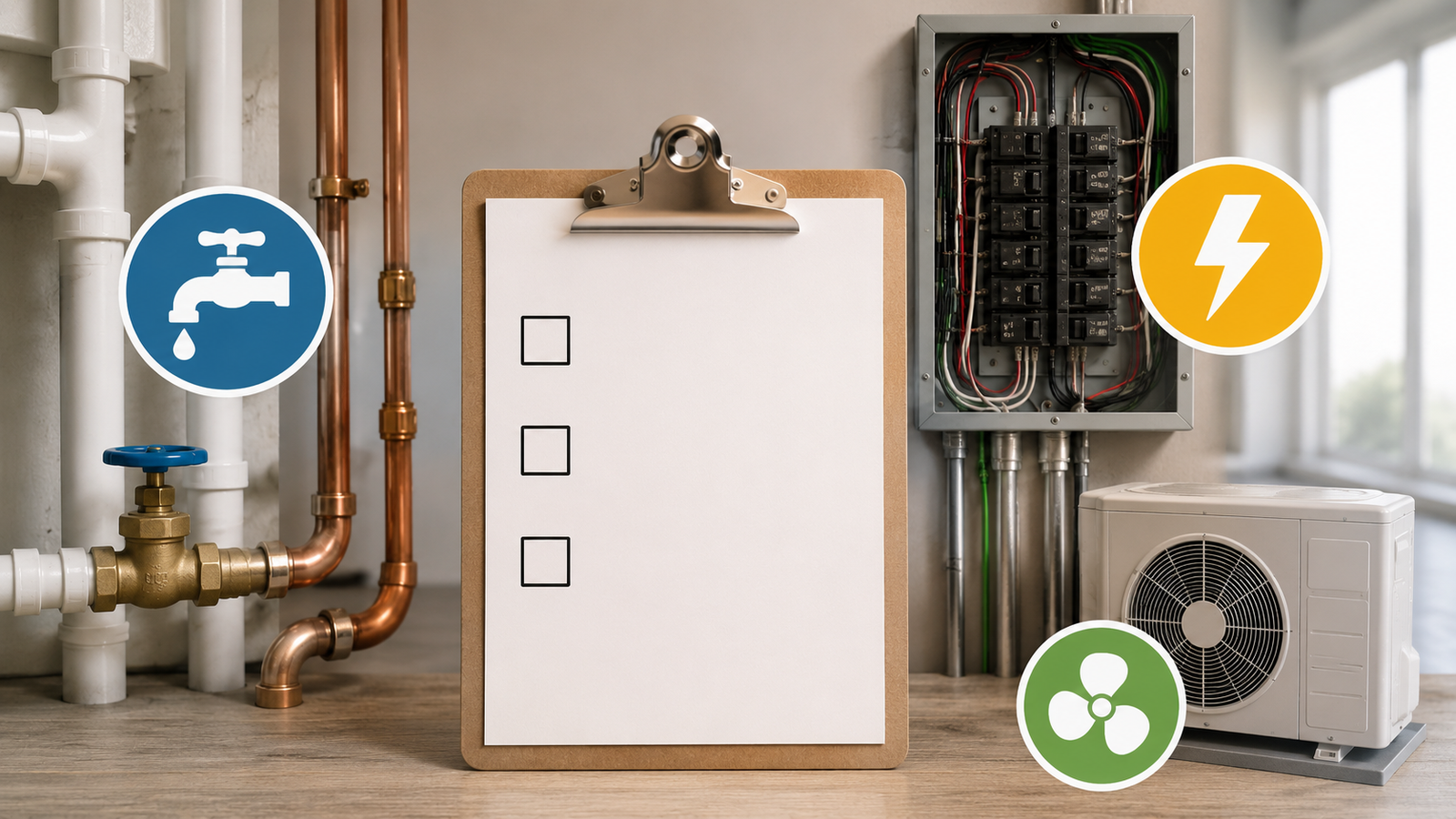 A wide interior scene featuring exposed plumbing pipes, an electrical breaker panel, and an HVAC outdoor unit arranged around a blank clipboard checklist, representing home system inspection and construction planning in a clean modern setting.