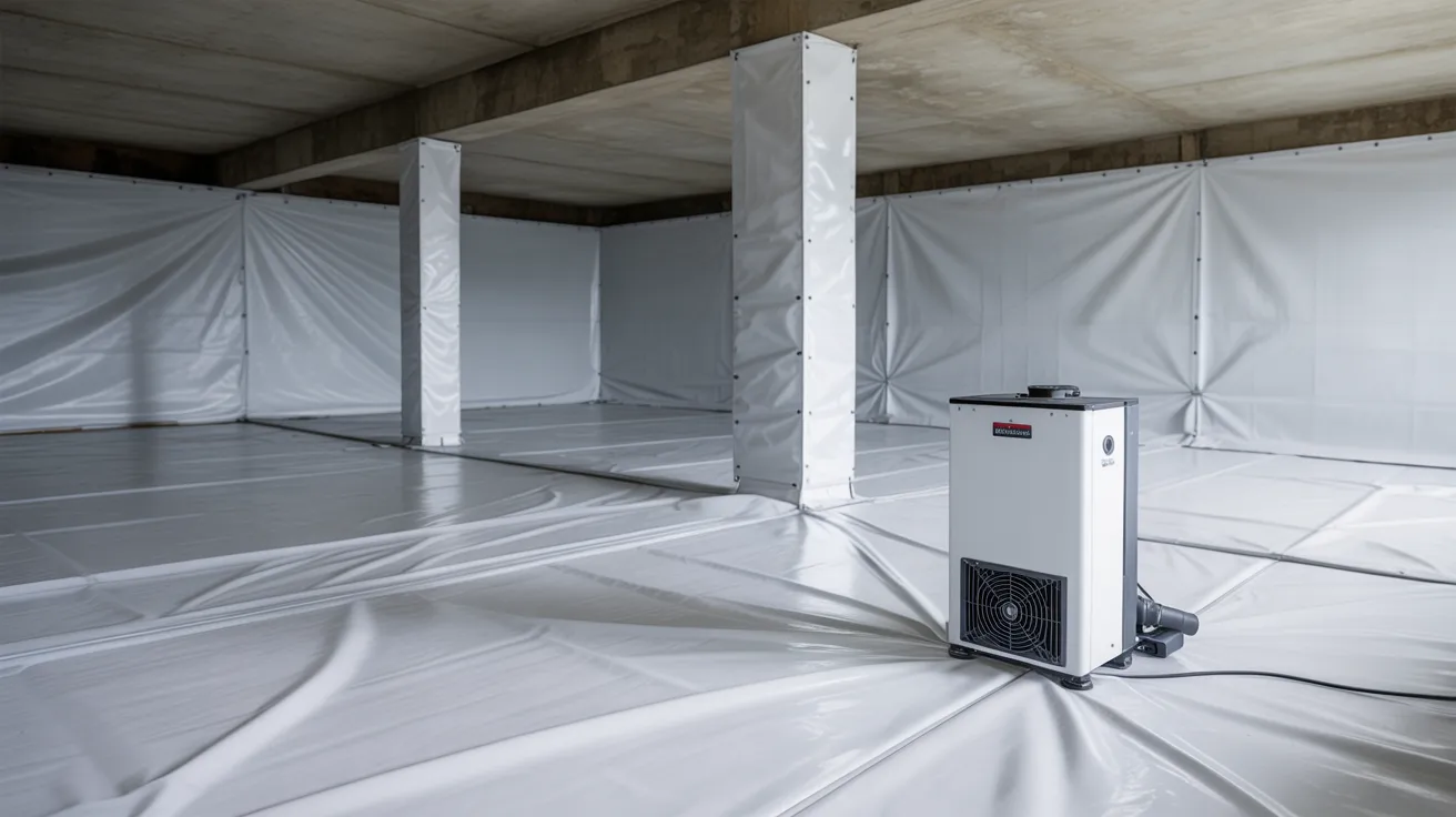 Fully encapsulated crawl space with white liner covering walls floor and columns with a dehumidifier