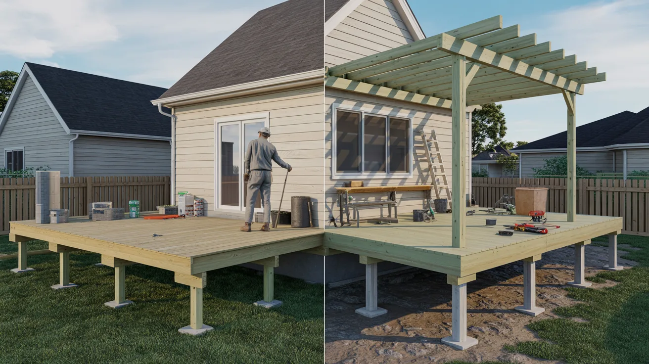 Comparison of reinforcing an old deck versus building a new deck prepared for a roof structure.