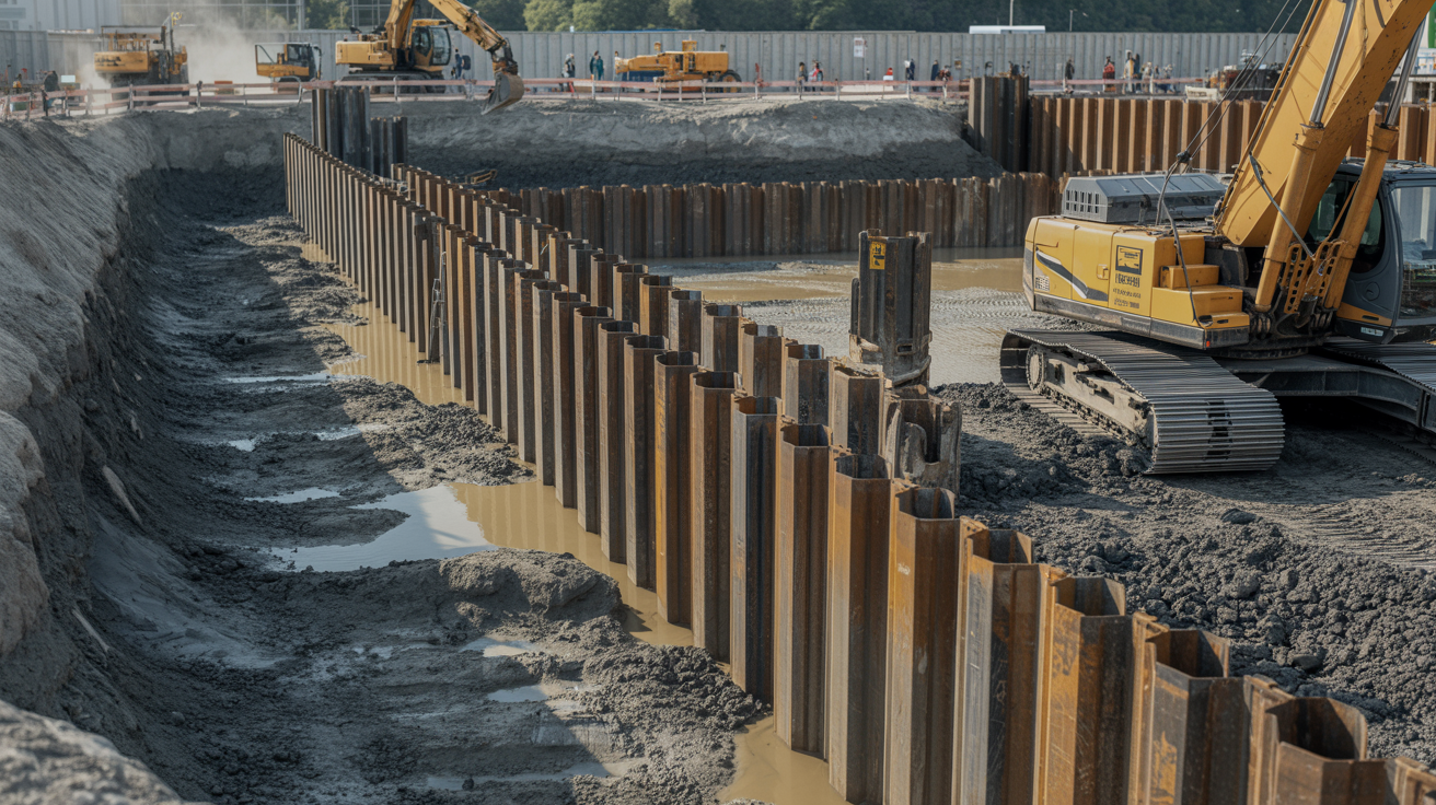 Sheet pile shoring retaining soil at a construction site.