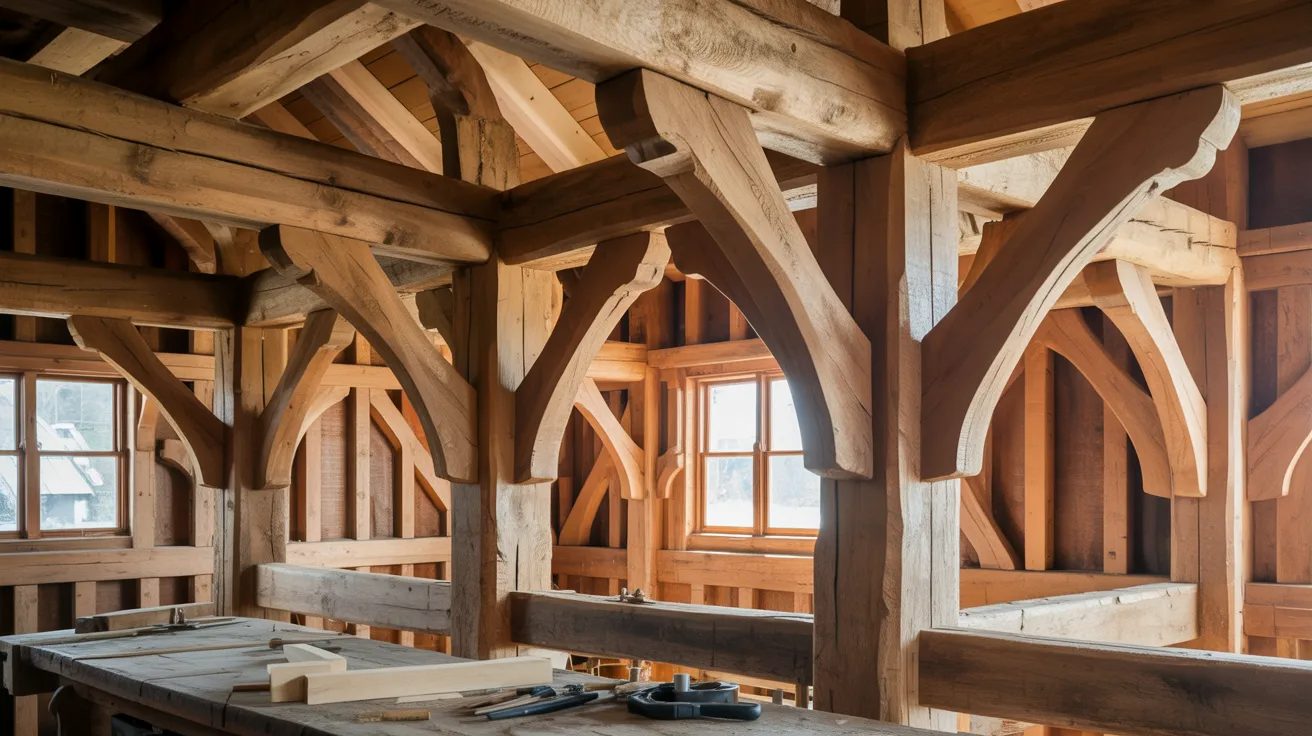 Traditional timber frame construction with exposed wood joinery