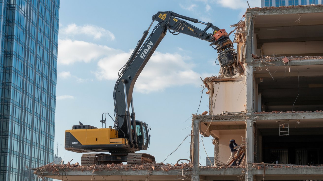 High reach excavator demolishing a tall structure safely.