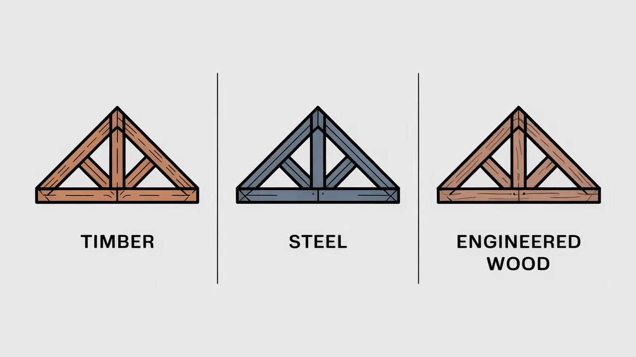 Comparison illustration of timber, steel, and engineered wood roof truss materials