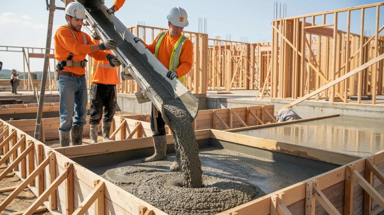 Workers pouring concrete foundation at a new home construction site with framing in the background