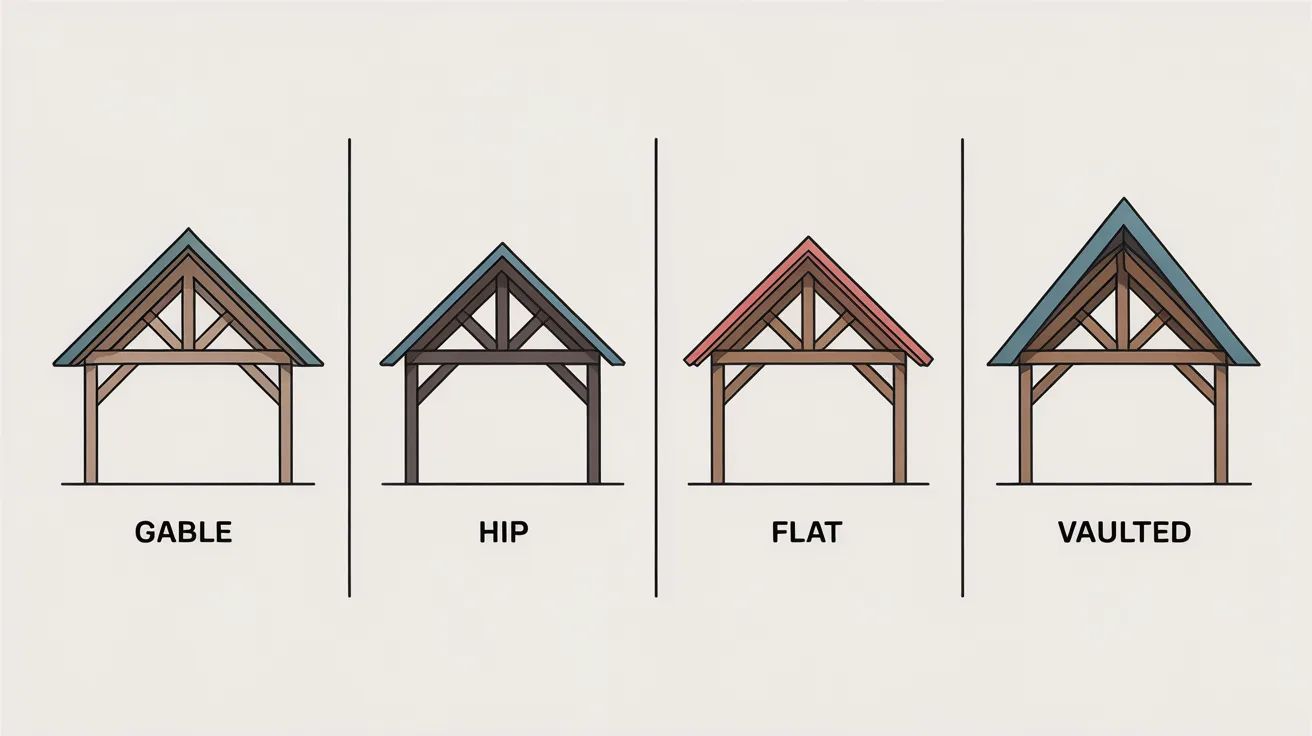 Illustration comparing roof truss types used across gable, hip, flat, and vaulted roof designs