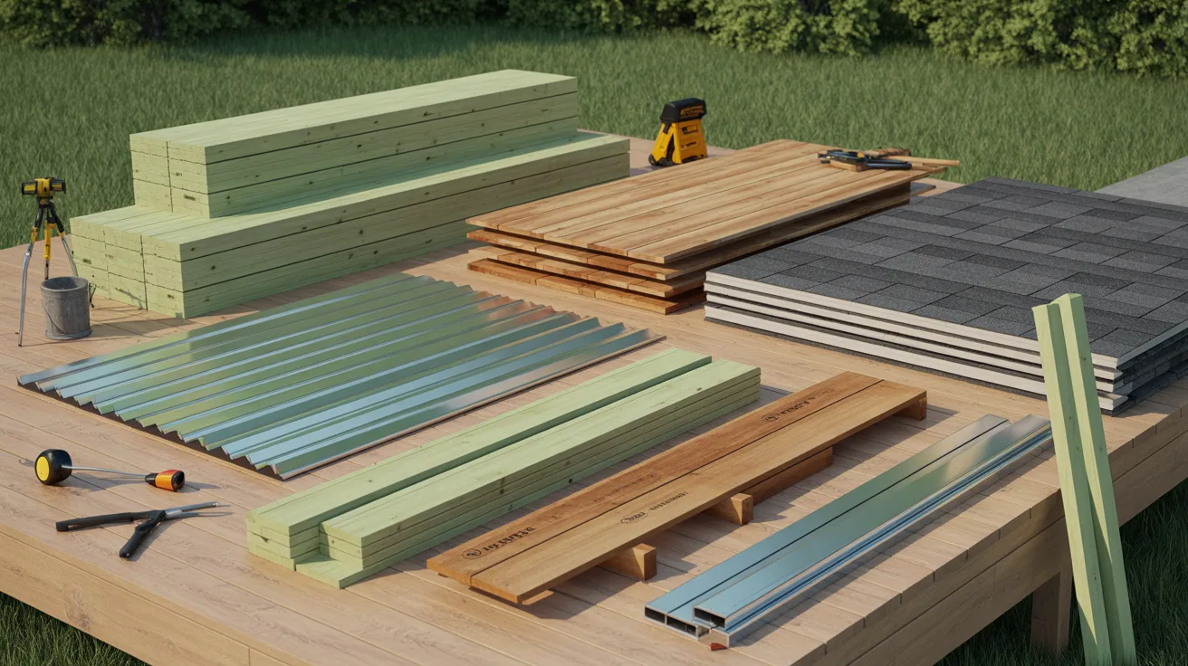 Deck roof construction materials including lumber, shingles, and metal roofing panels.