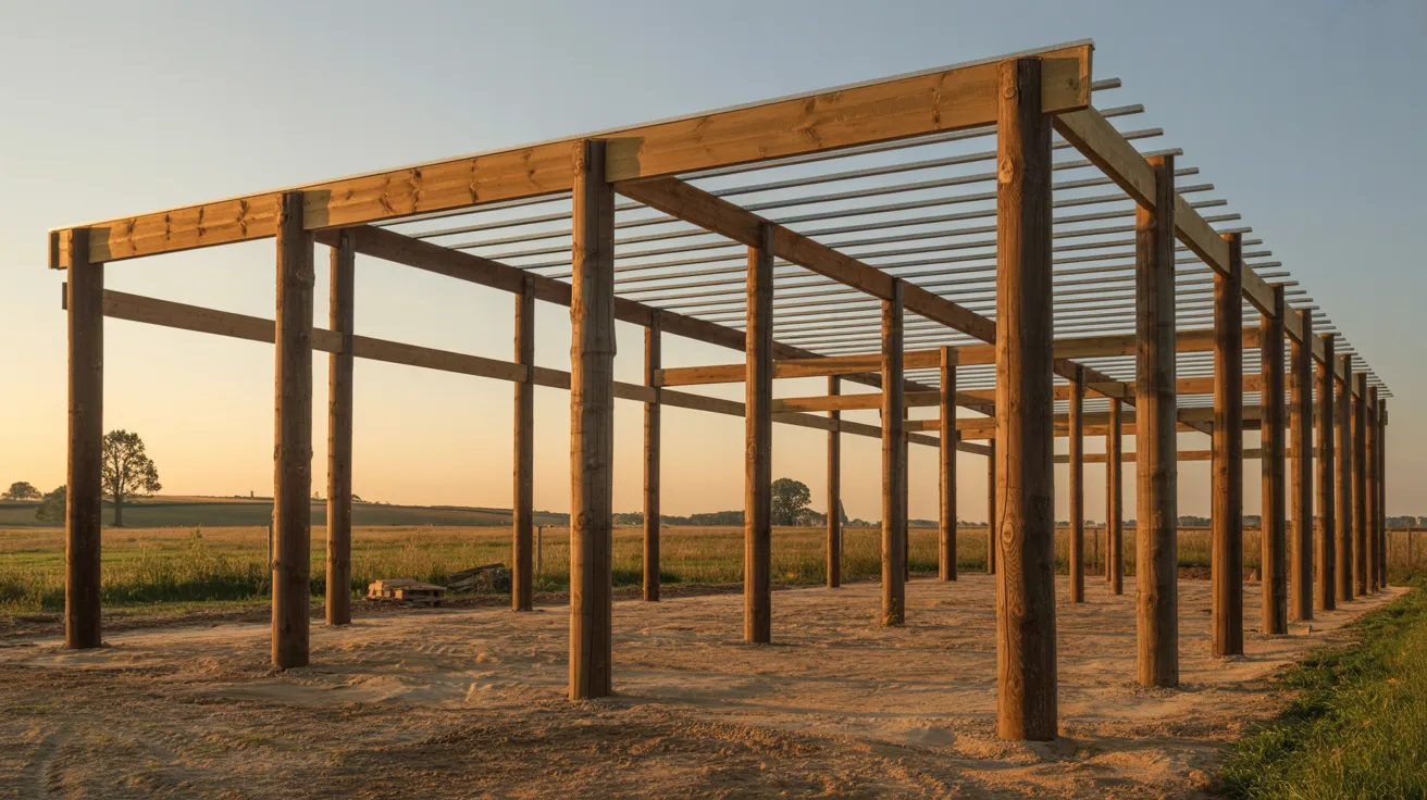 Post frame building under construction showing large vertical posts and metal roof structure