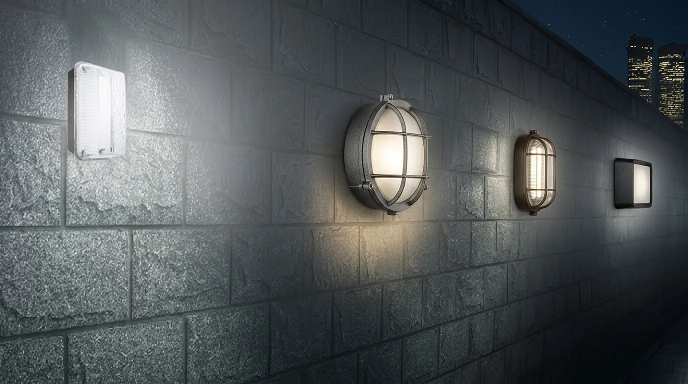 Exterior concrete bulkhead wall at night with multiple industrial-style wall-mounted light fixtures illuminating the textured masonry surface.