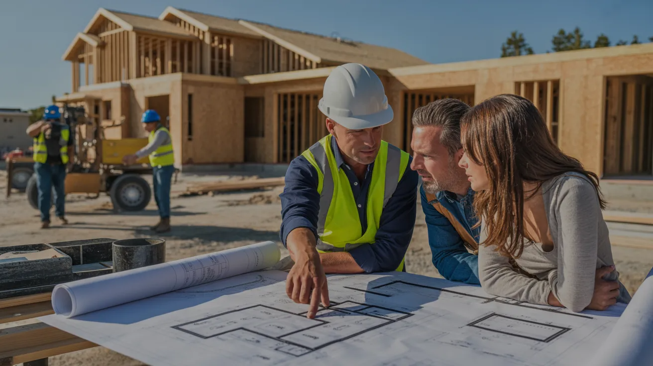 Construction contractor reviewing building plans with homeowners at a residential construction site