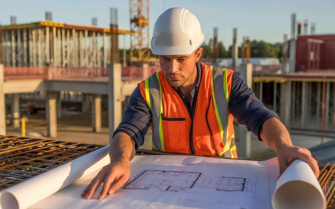 Professional land surveyor working on a construction site