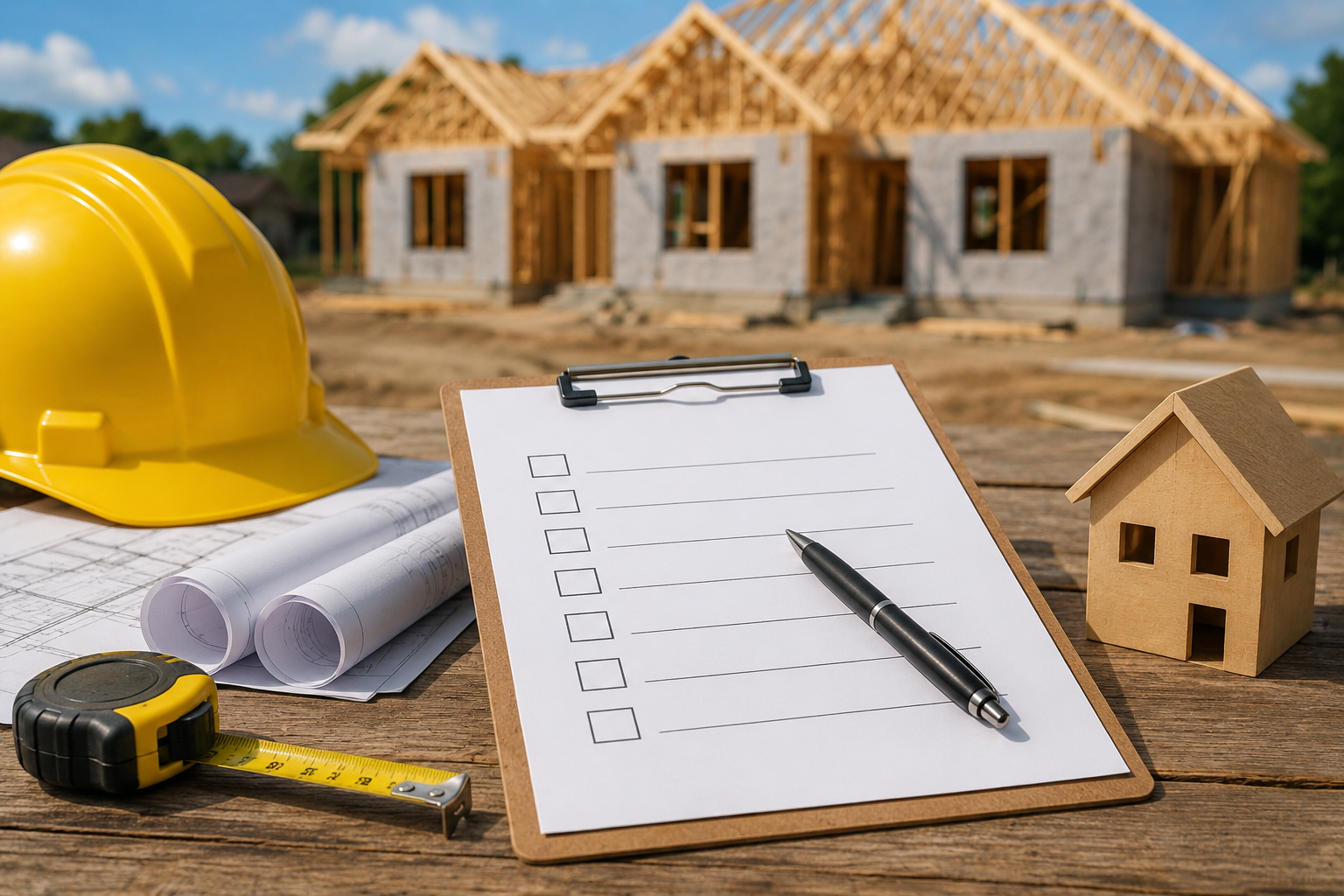 A construction planning setup featuring a clipboard checklist, hard hat, blueprints, tape measure, and a small wooden house model on a table, with a new home under construction blurred in the background on a sunny day.