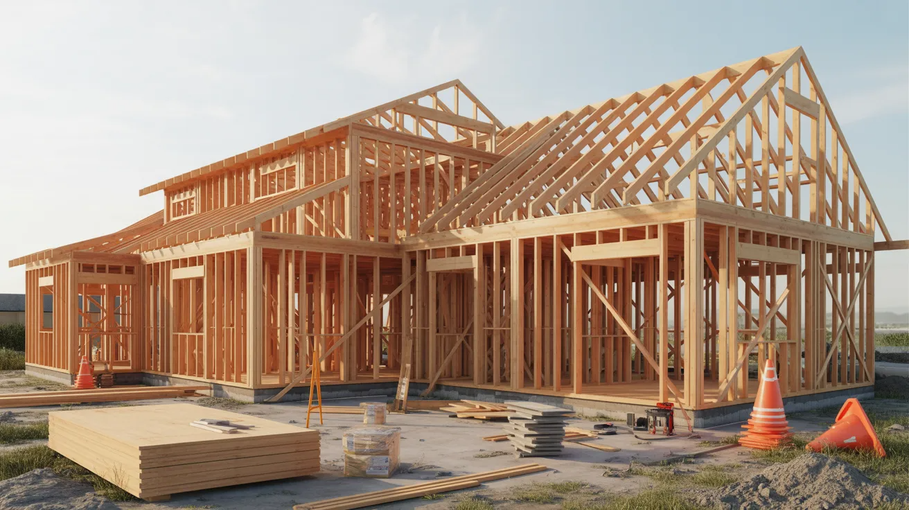 Wood frame building structure under construction.