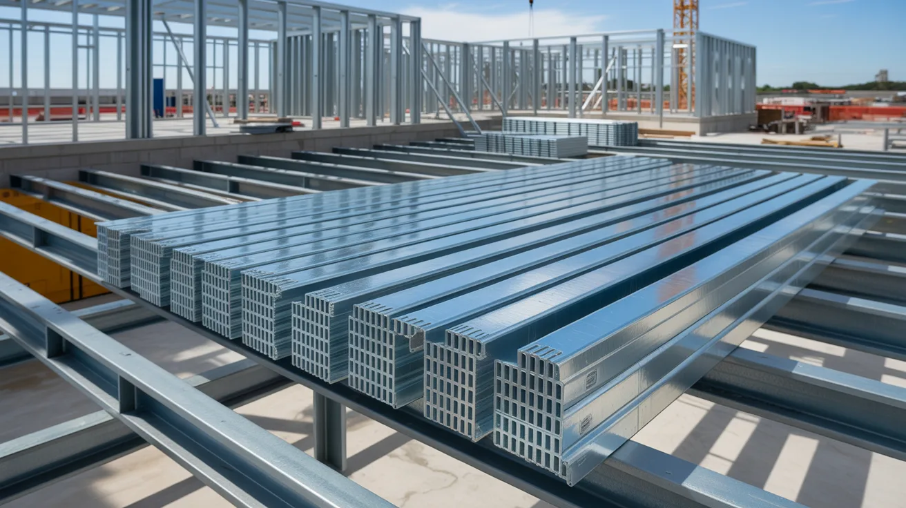 Workers installing lightweight galvanized steel purlins