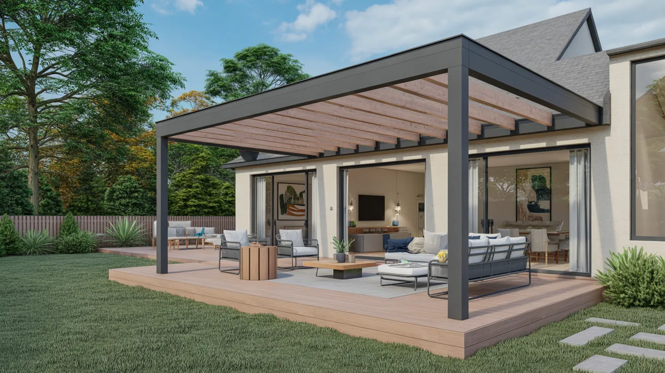 A pergola-style deck roof attached to a house with open slatted beams.