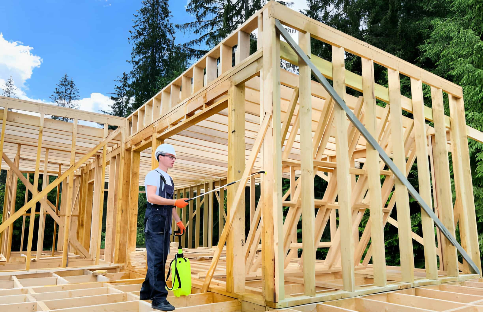 Worker building a stick frame wall with wood studs and OSB sheathing on a concrete foundation