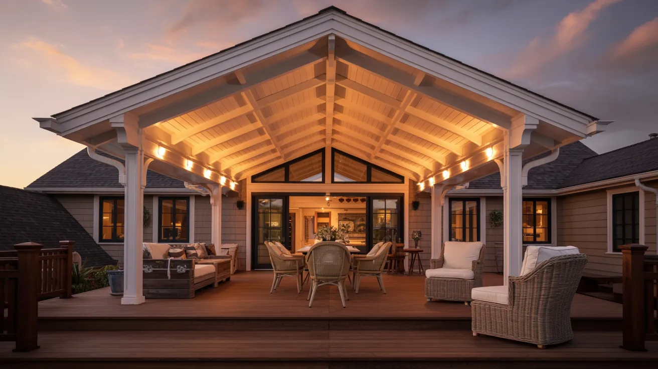 Traditional gable roof design on a residential house with two sloping sides meeting at a central ridge.