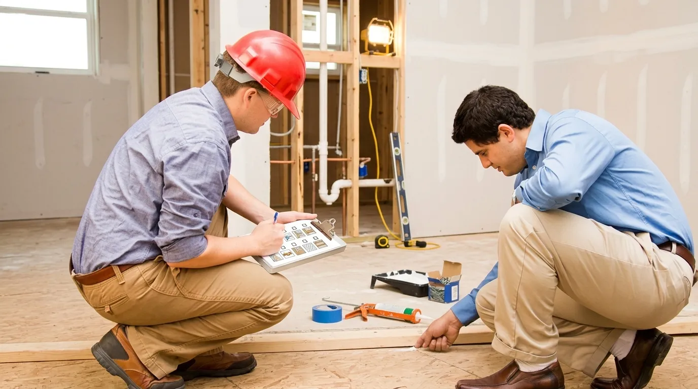 Contractors and homeowners reviewing an interior construction checklist inside a new home while inspecting drywall, flooring, cabinets, paint, lighting, doors, and trim work.