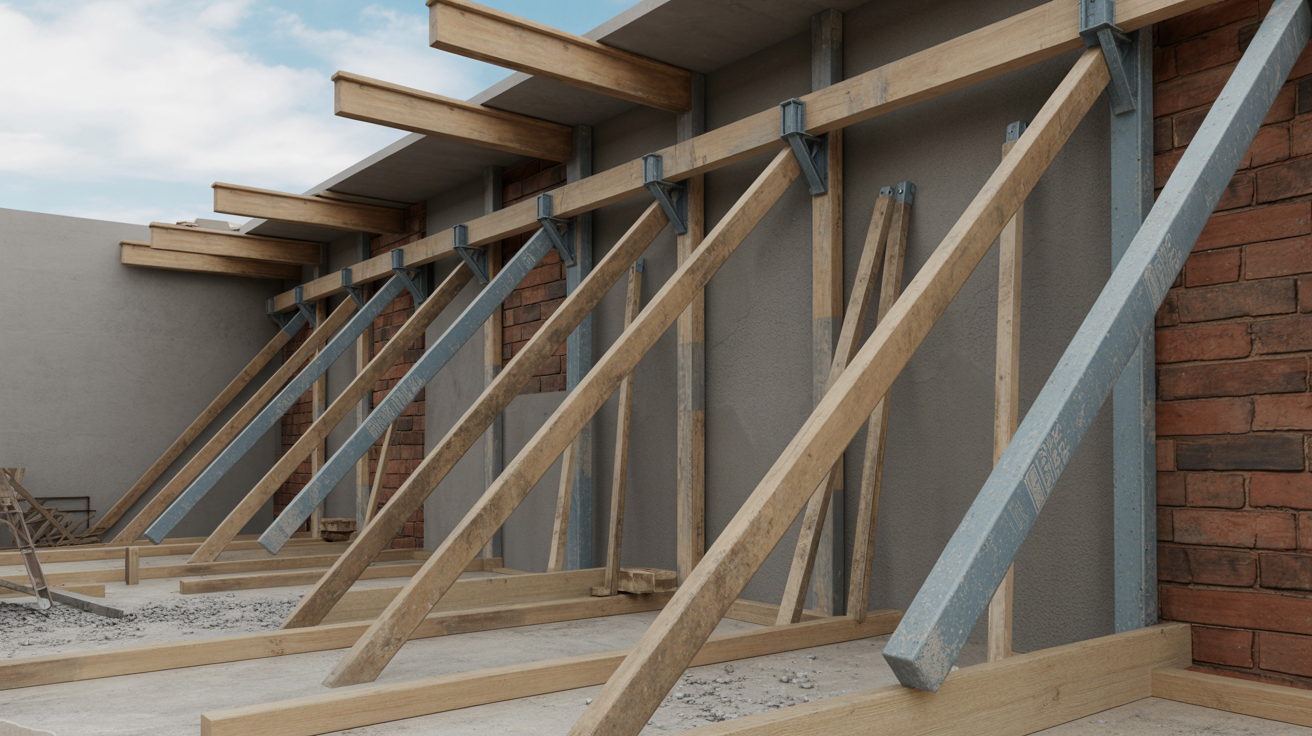 Raking shoring braces supporting an unstable wall.