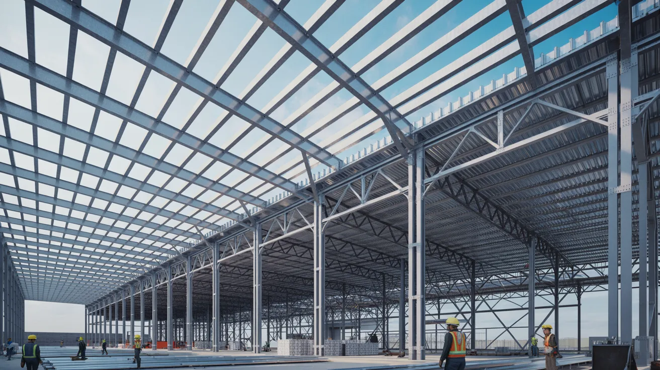 Large warehouse steel roof structure with long-span galvanized purlins supporting heavy roofing systems