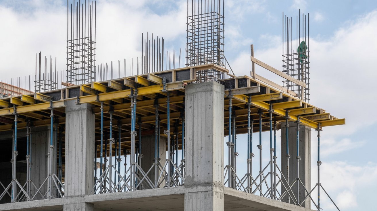 Reinforced concrete load bearing wall with steel reinforcement at a construction site.