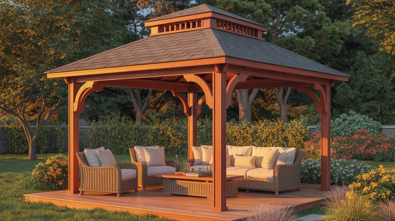A gazebo-style covered outdoor deck structure in a landscaped backyard.