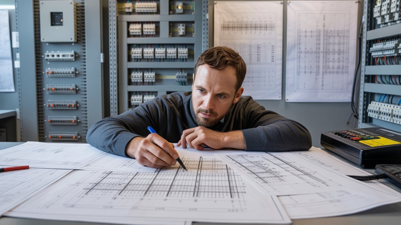 Electrical engineer reviewing performance and voltage data on cut sheets.