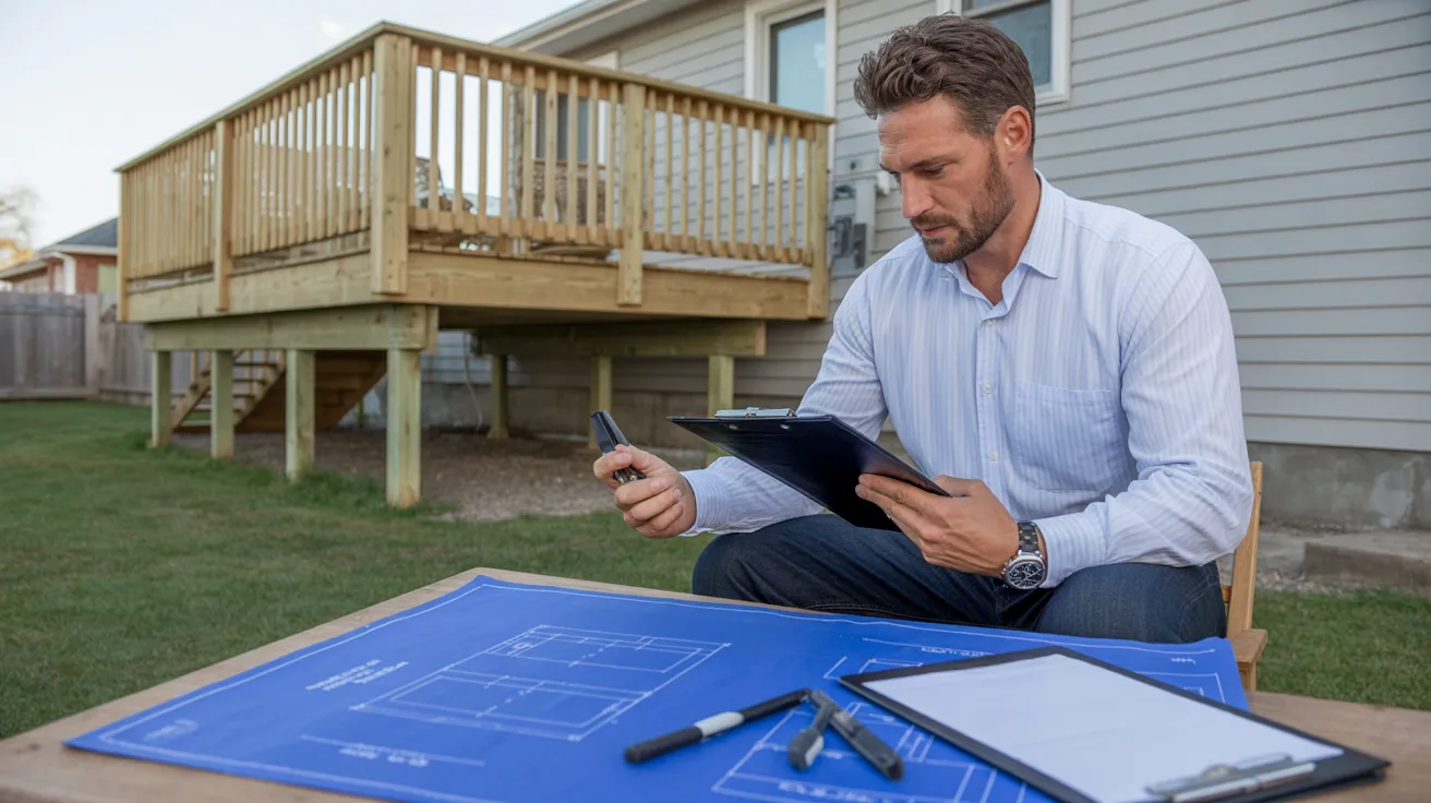 Inspector checking deck structure strength and reviewing building permits before construction.