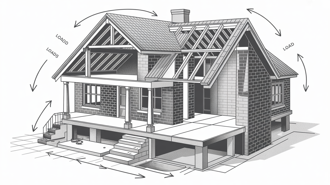 Structural diagram showing how load bearing walls transfer loads from the roof and floors to the foundation.