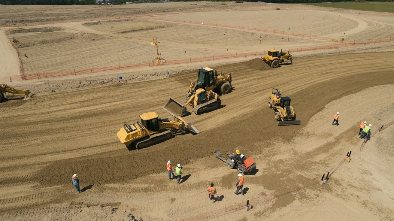 Construction workers clearing and grading land during site preparation for a new home