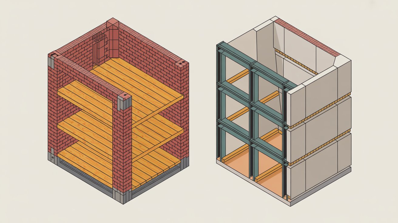 Side by side diagram of joisted masonry and masonry non combustible construction systems.