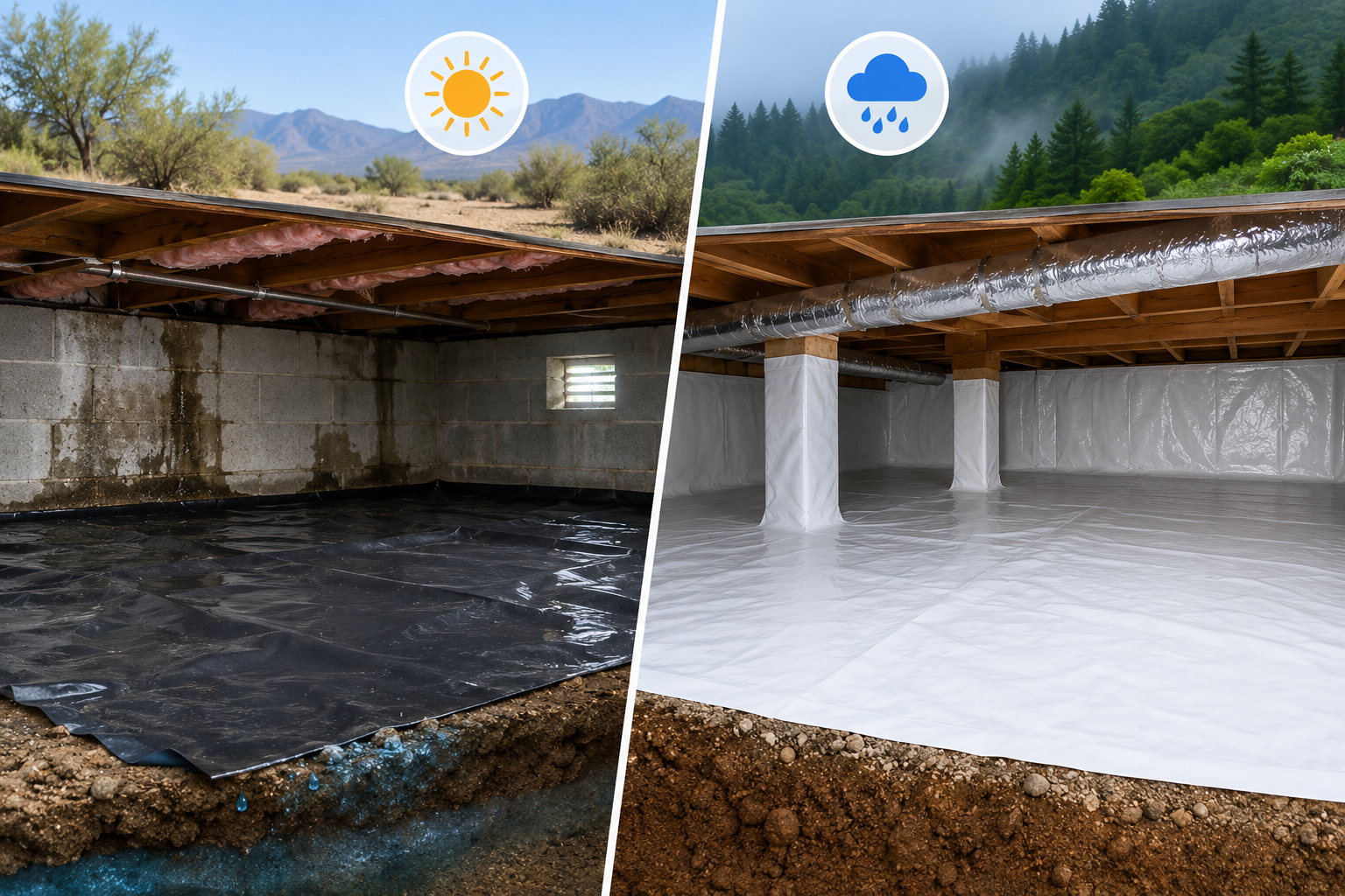 Comparison of a vapor barrier crawl space and a fully encapsulated crawl space in different moisture conditions.