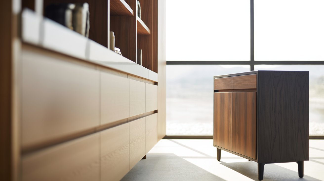 Built in cabinets compared with movable freestanding cabinet furniture.