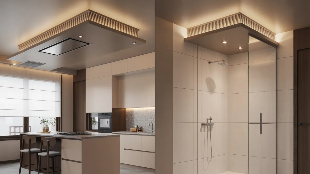 A modern kitchen and bathroom side by side showing ceiling bulkheads with warm LED lighting, recessed spotlights, and clean finishes in neutral tones