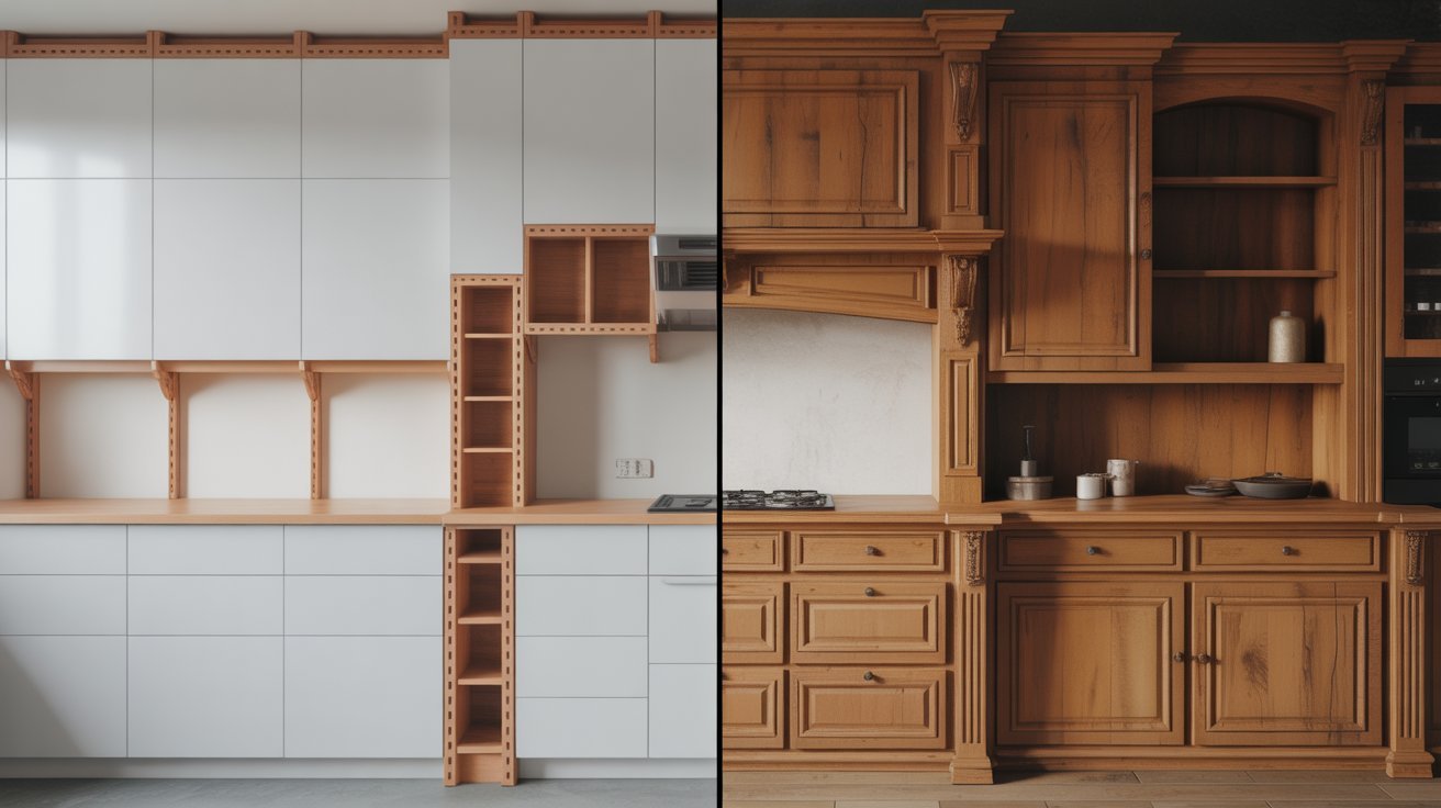 Comparison between modular casework and custom millwork in construction.
