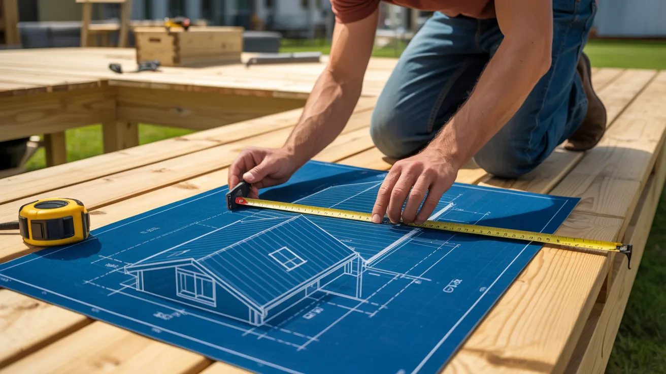 Measuring and marking deck layout and roof design plans before construction.