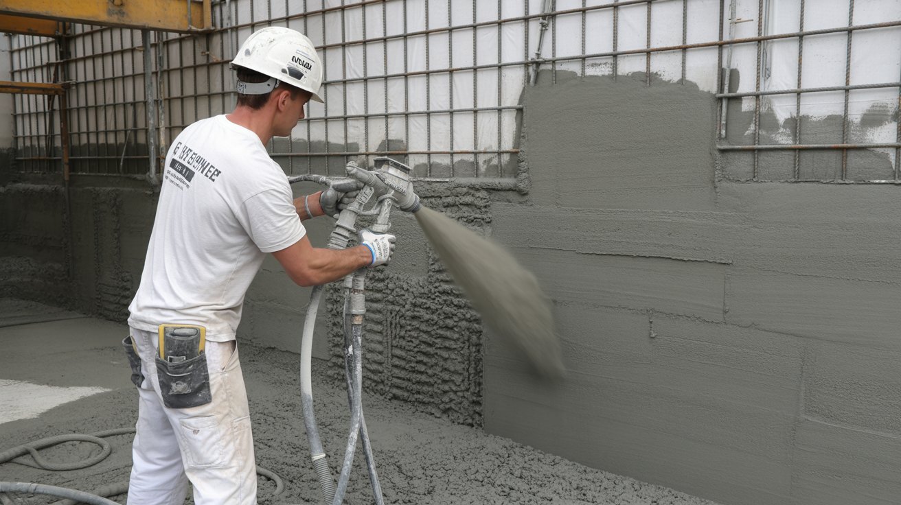 First layer of shotcrete being sprayed onto a construction surface.