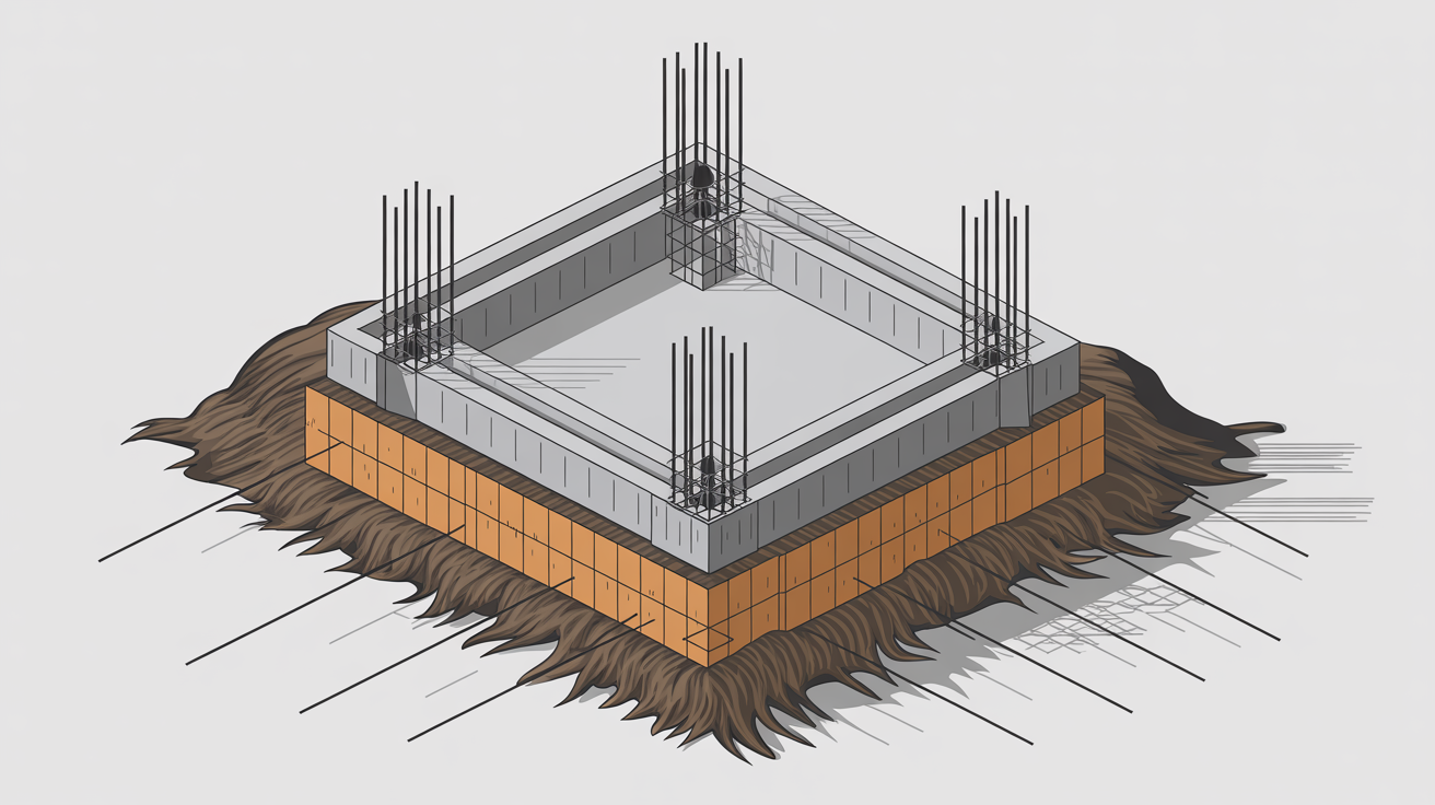 Cross-section of a building showing concrete footing beneath the foundation.