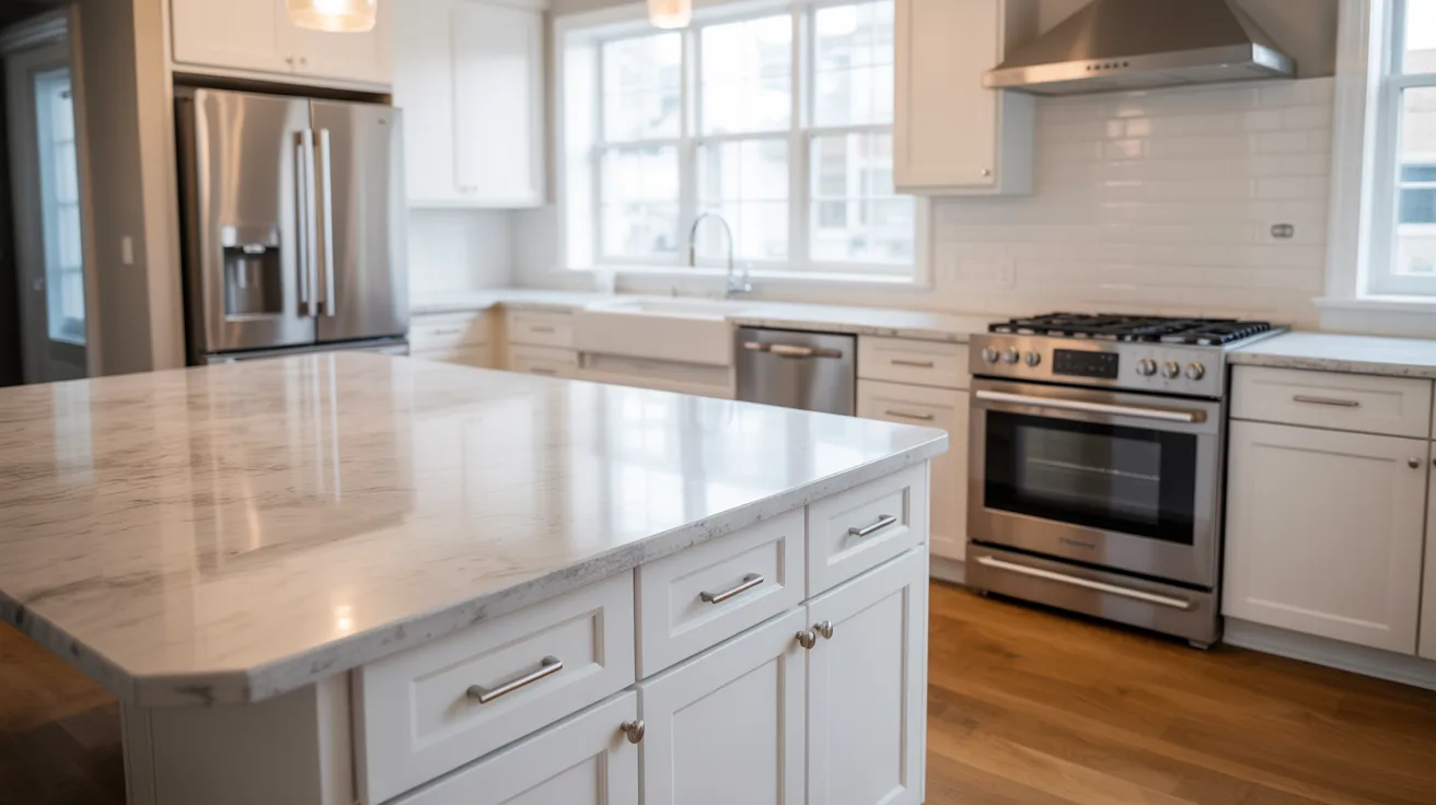 Newly constructed kitchen with cabinets, countertops, and appliances during final inspection