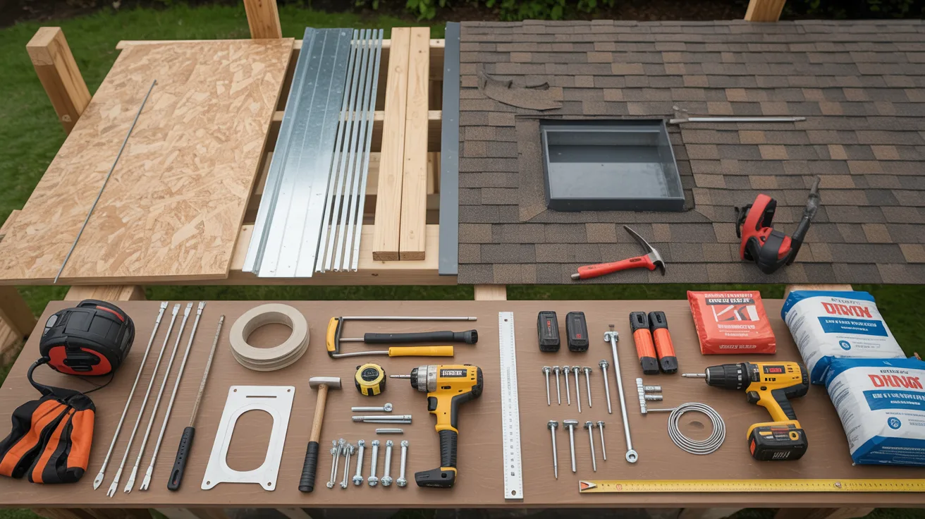 Organized tools and materials needed for building a deck roof, including lumber, tools, and roofing supplies.